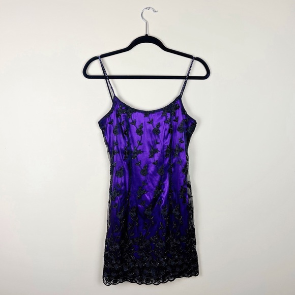 Vintage Dresses & Skirts - 90’s VTG Purple Beaded Lace Slip Dress Black S